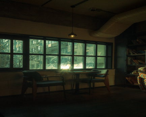 Cozy reading corner by a large window with direct soft daylight distribution